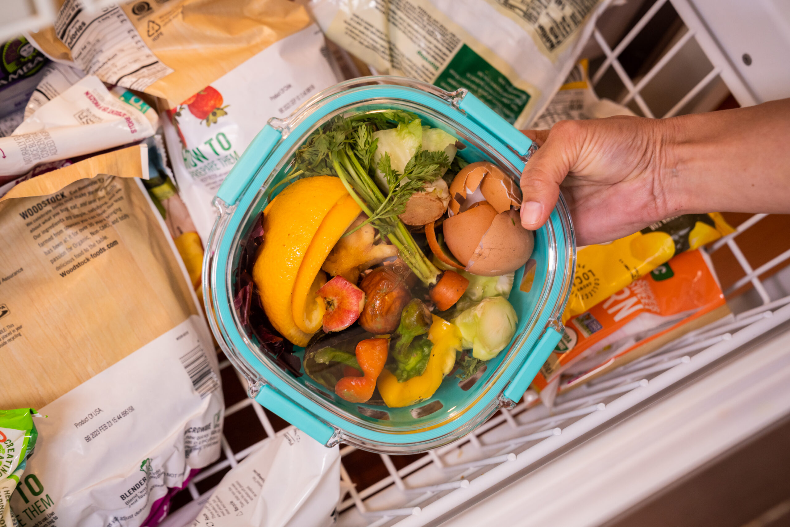 Container in freezer with compost scraps